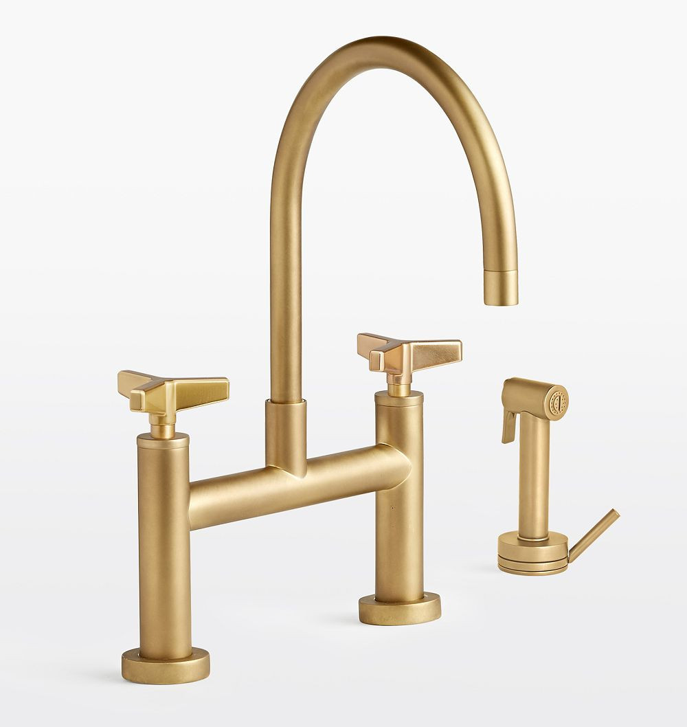 Blair Cross Handle Kitchen Faucet with Sprayer - Aged Brass | Rejuvenation