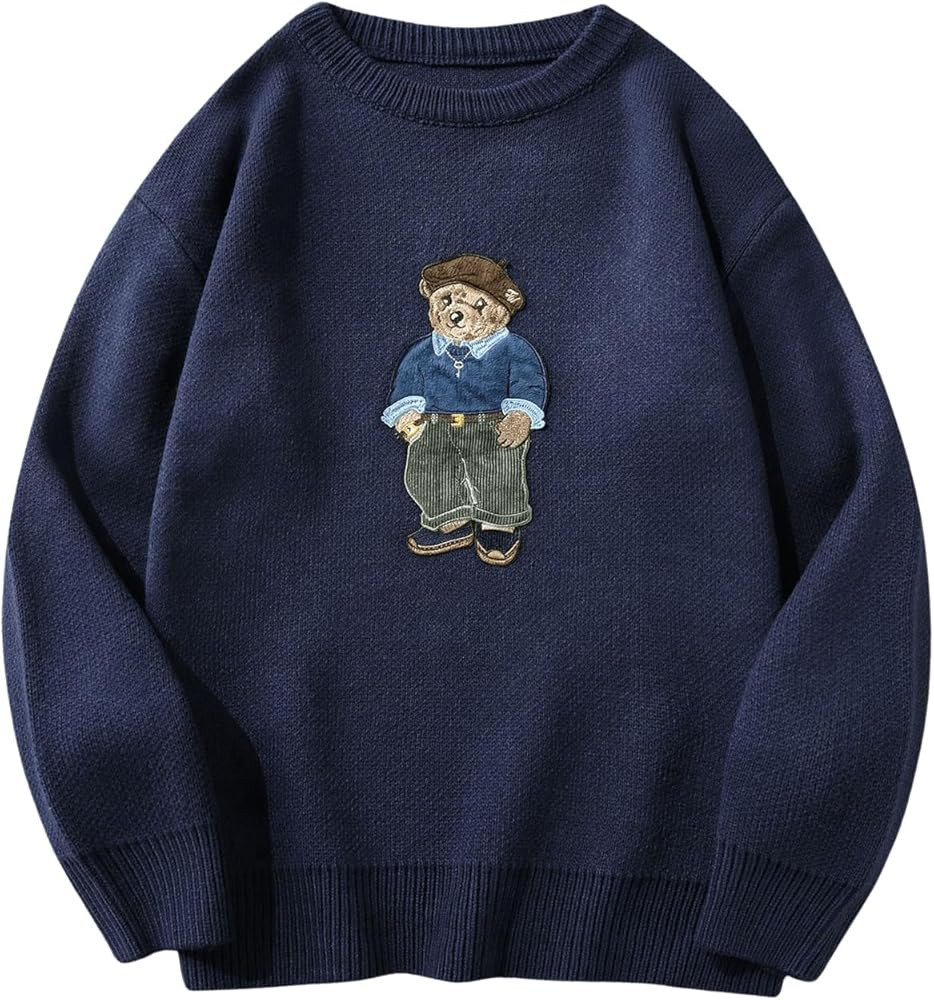 SHENHE Men's Oversized Crew Neck Cute Bear Sweater Vintage Unisex Preppy Graphic Sweater Jumper | Amazon (US)