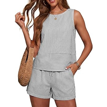 LOMON Women's Trendy 2 Piece Outfits Shorts Sets Summer Crew Neck Sleeveless Tank Top and Bottom ... | Amazon (US)