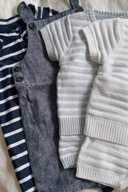 Baby boy striped rash guard, linen overalls, and lightweight knit set so sweet for summer 🤍 all currently 20% off! 

#LTKbaby #LTKsalealert