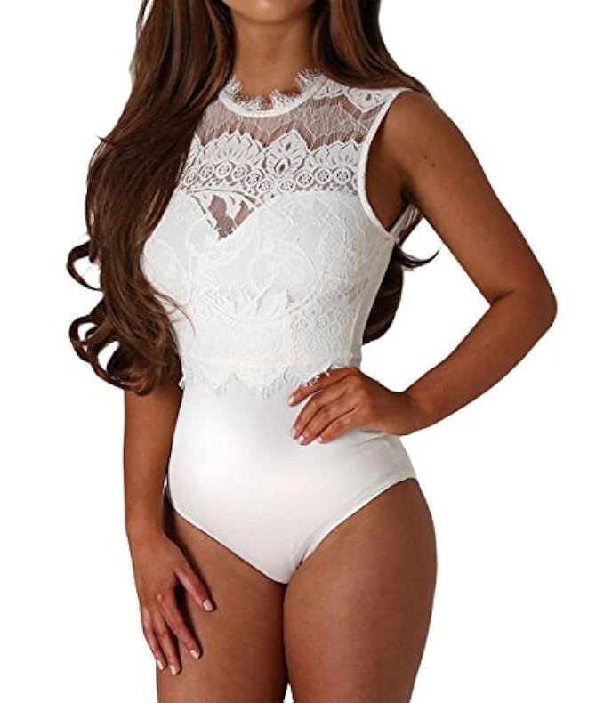 Shawhuwa Womens Sexy Floral Lace High Neck Sleeveless Bodysuit Clubwear | Amazon (US)