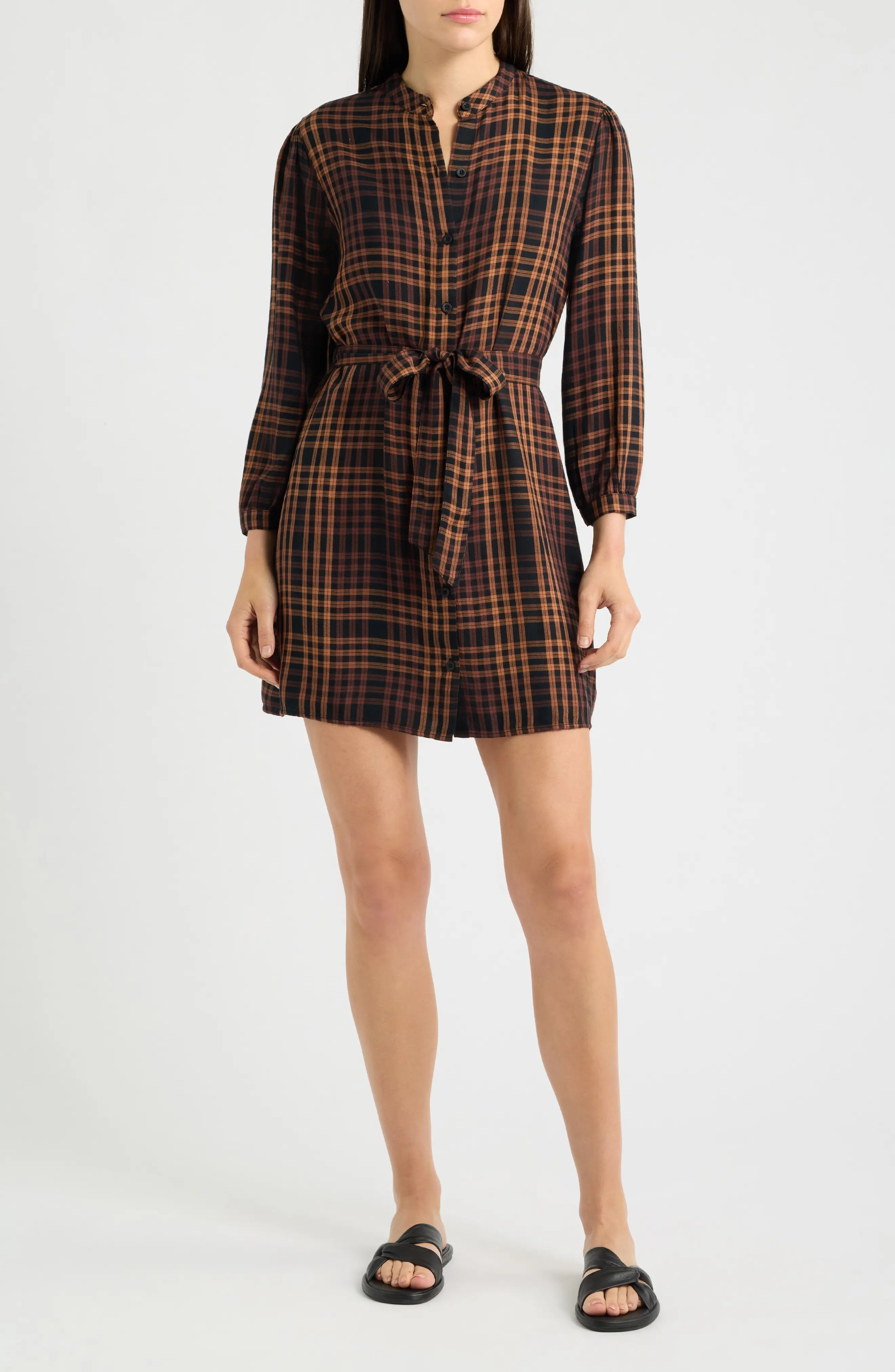 Cloth & Stone Plaid Puff Shoulder Tie Waist Shirtdress (Women) | Nordstrom | Nordstrom