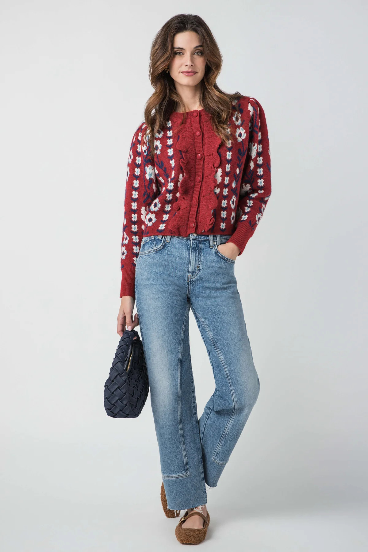 Listicle Flower Print Button Front Ruffle Knit Cardigan | Social Threads