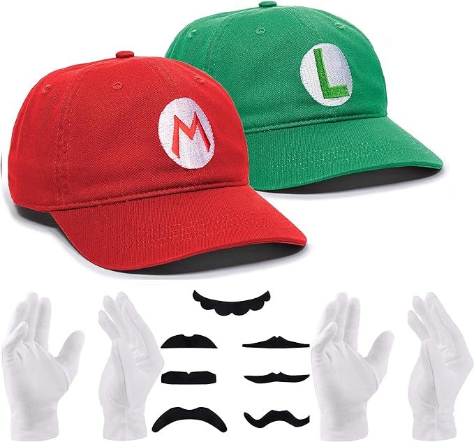 Novelty Super Bros Baseball Cap Hat & Fake Mustache & Gloves Kit for Adult Teens Halloween Party ... | Amazon (US)