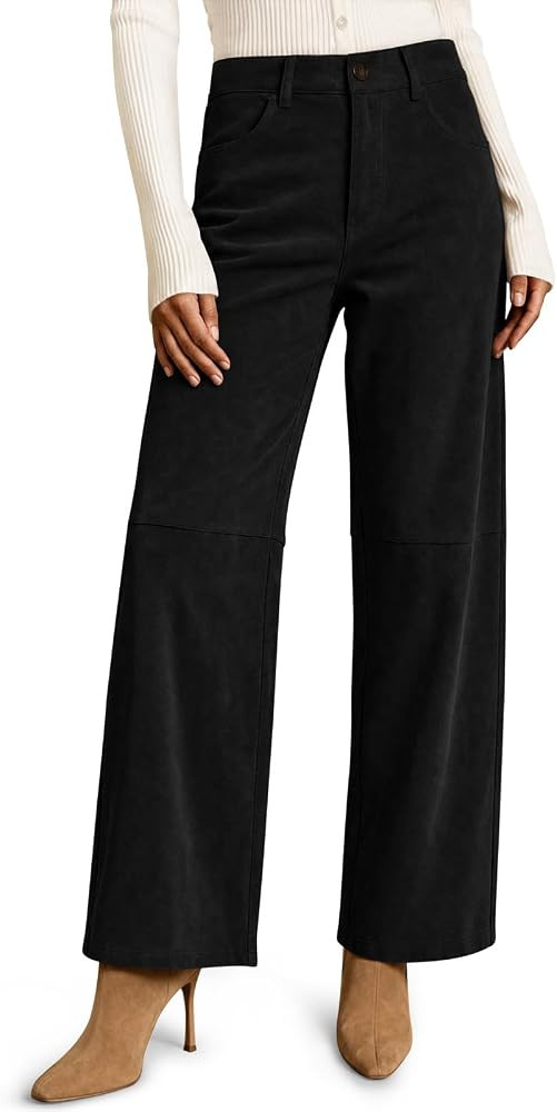 Yousify Women's Faux Suede Pants High Waisted Straight Leg Casual Trousers | Amazon (US)
