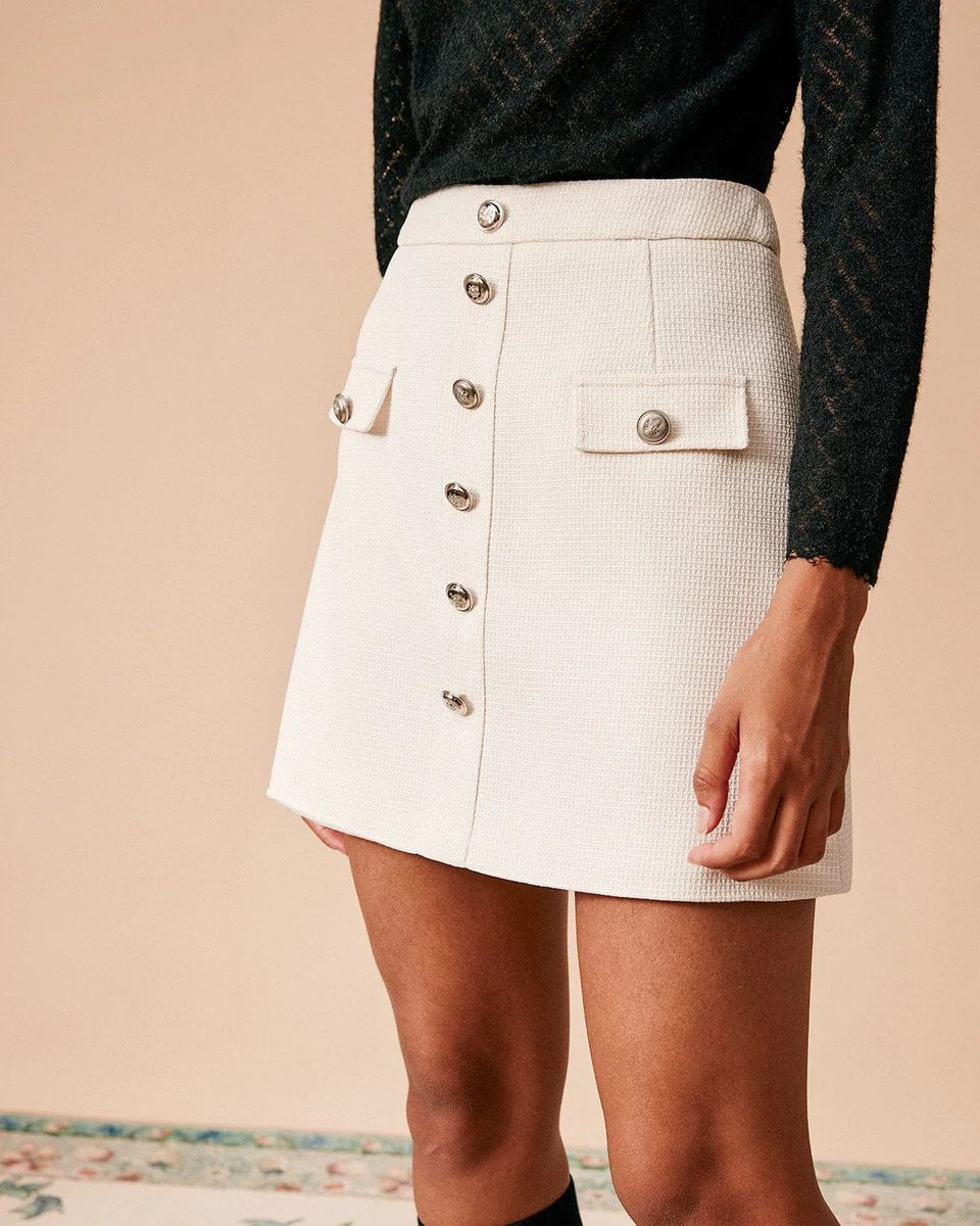 The High Waisted Single-breasted Tweed Skirt - White Tweed A Line Solid Mini Skirt - White - Bott... | rihoas.com