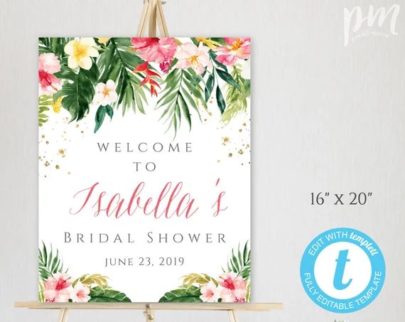 Tropical Bridal Shower Welcome Sign Template, Summer Shower Welcome Sign, 16" x 20" DIY Editable ... | Etsy (US)