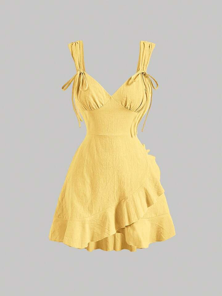 SHEIN MOD Knot Front Ruffle Trim Wrap Hem Cami Dress | SHEIN
