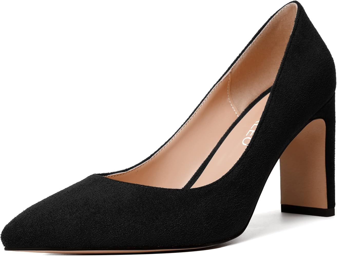 NUMALEO Womens Pointed Toe Suede Evening Casual Slip On Solid Block High Heel Pumps Shoes 3.3 Inc... | Amazon (US)