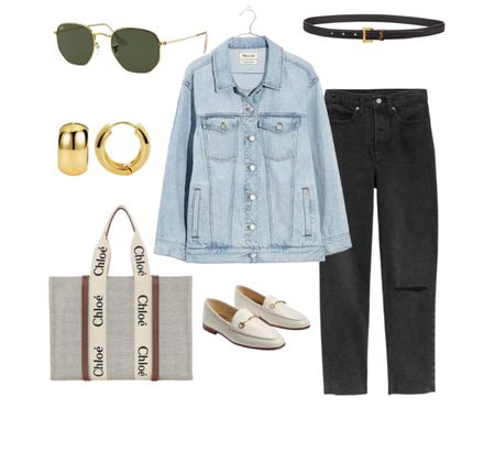 Early fall closet staples denim jacket abecrombie jeans fall tote handbag loafers belt gold hoops belt 
