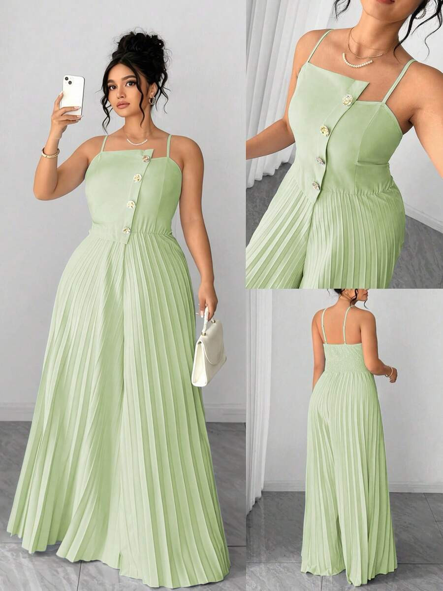 Elenzga Plus Size Women's Elegant Asymmetrical Collar Pleated Wide Leg Jumpsuit, Waist Cinched Fl... | SHEIN