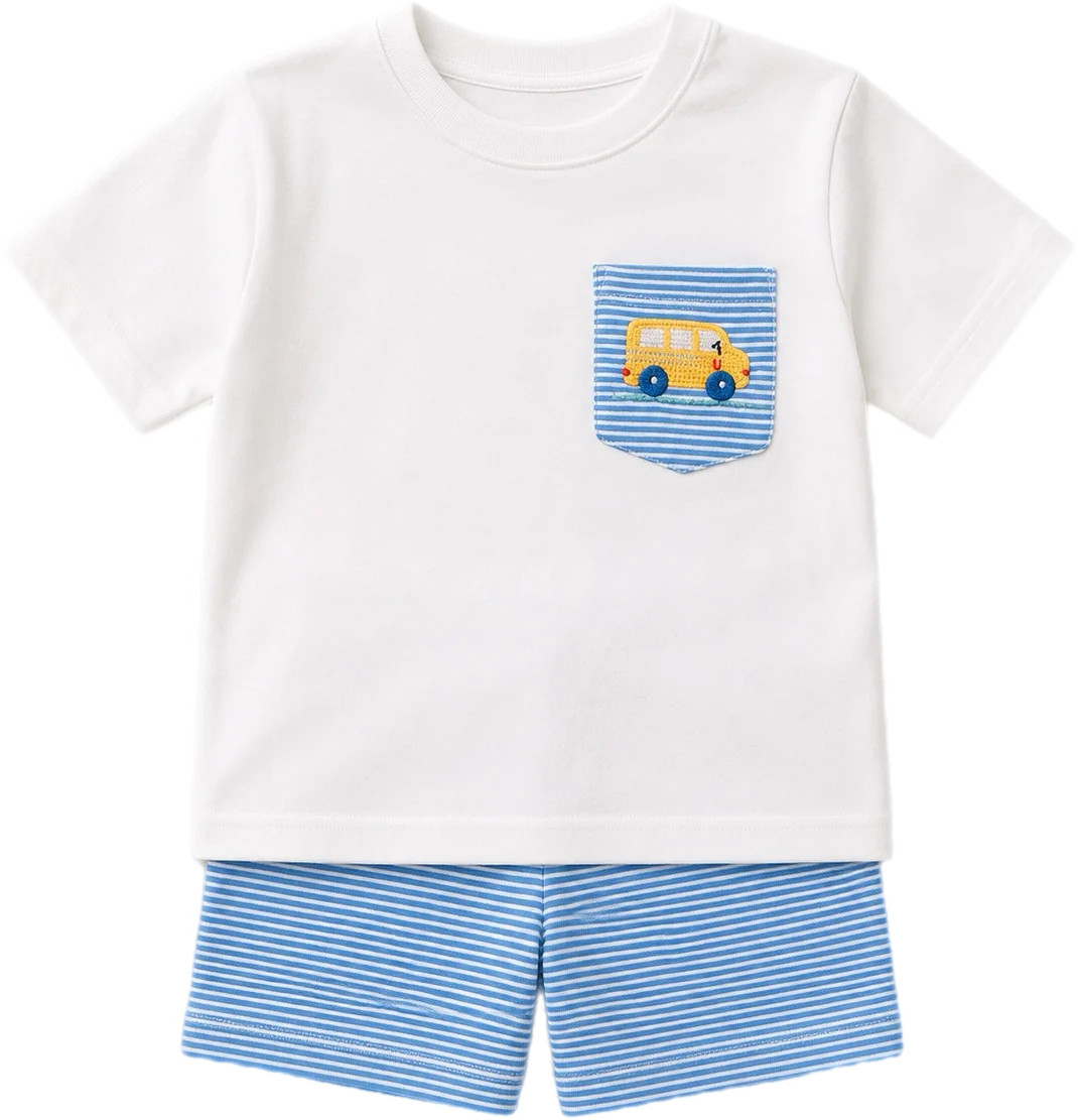 Petit Bebe Boy Short Set applique - School Bus | Persnickety