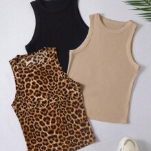 3 Stücke Tank Top-Set für Damen mit Rundhalsausschnitt, einfarbig, schlichtem Stil, Leopardenmuster, für den täglichen Gebrauch, lässige Mode | SHEIN