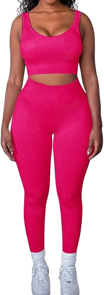 OLCHEE Women’s Sexy 2 Piece Workout Sets - Seamless Ribbed Legging Shorts and Sports Bra Yoga A... | Amazon (US)