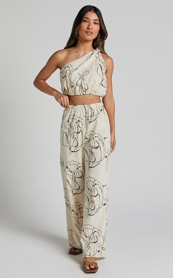 Jemima Two Piece Set - Linen Look One Shoulder Crop and Pants Set in Rust Floral | Showpo (US, UK & Europe)