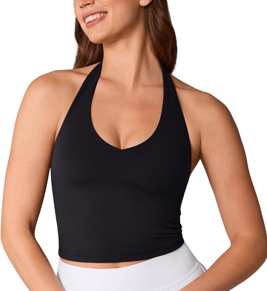 UNISSU Hugcurve Halter Longline Sports Bras for Women V Neck Open Back Crop Tank Tops with Built ... | Amazon (US)