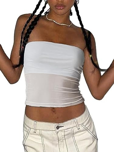 Xineicy Women Strapless Tube Top Sexy Crop Top Y2K Bandeau top Sleeveless Corset Top Retro B White | Amazon (US)