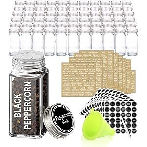 SWOMMOLY 42 Glass Spice Jars with 703 Spice Labels, Chalk Marker and Funnel Complete Set. 42 Square  | Amazon (US)