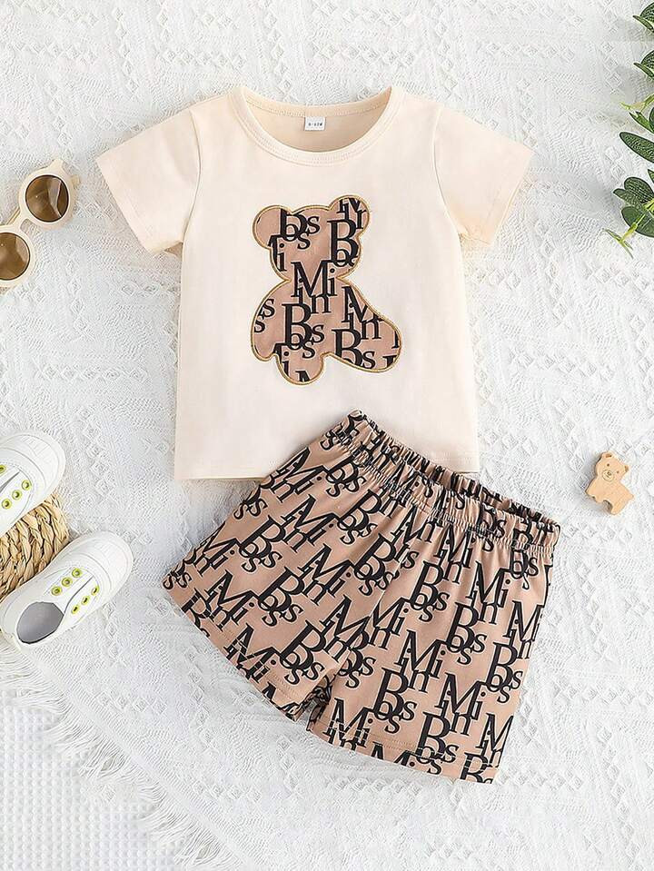 2pcs/Set Summer Outfits For Toddler Boys Bear Pattern Short Sleeve T-Shirt And Shorts | SHEIN