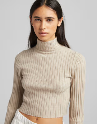Bershka knitted ribbed turtle neck sweater in beige heather | ASOS (Global)