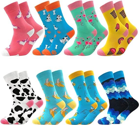 Fun Colorful Socks Patterned Funky Happy Crew Sock Combed Cotton Stockings Packs | Amazon (US)