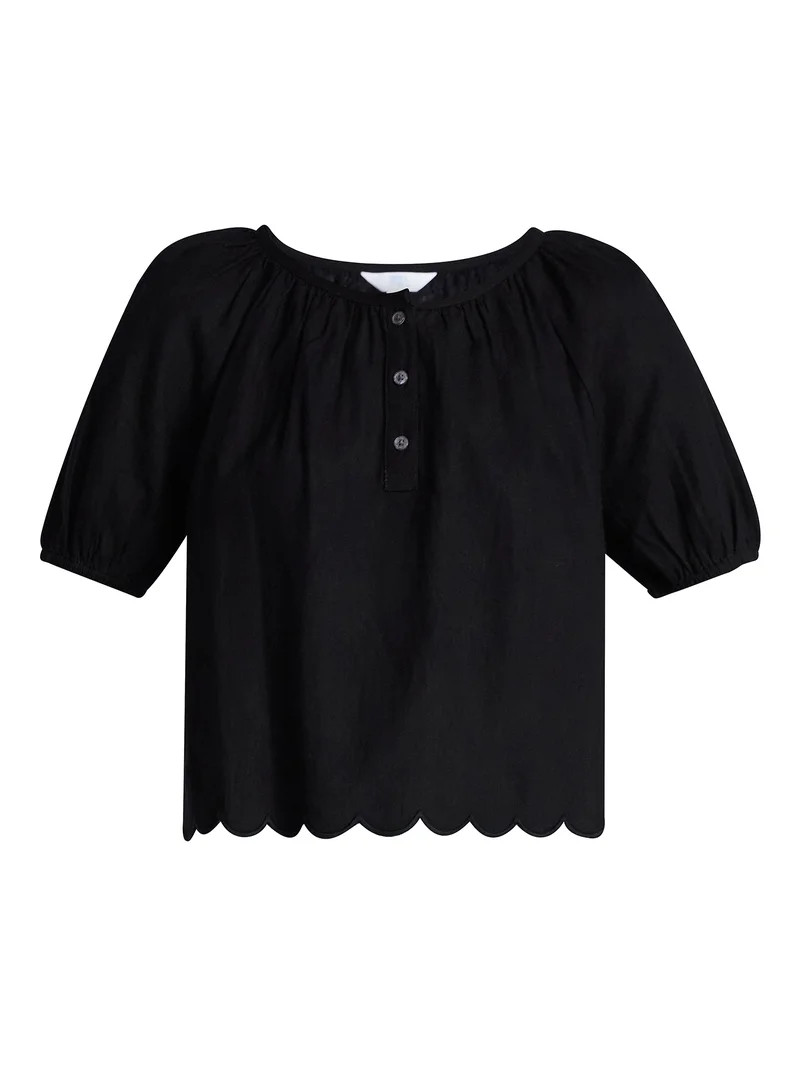 Time and Tru Women's Linen Blend Blouse with Scalloped Hem, Sizes XS-XXXL | Walmart (US)