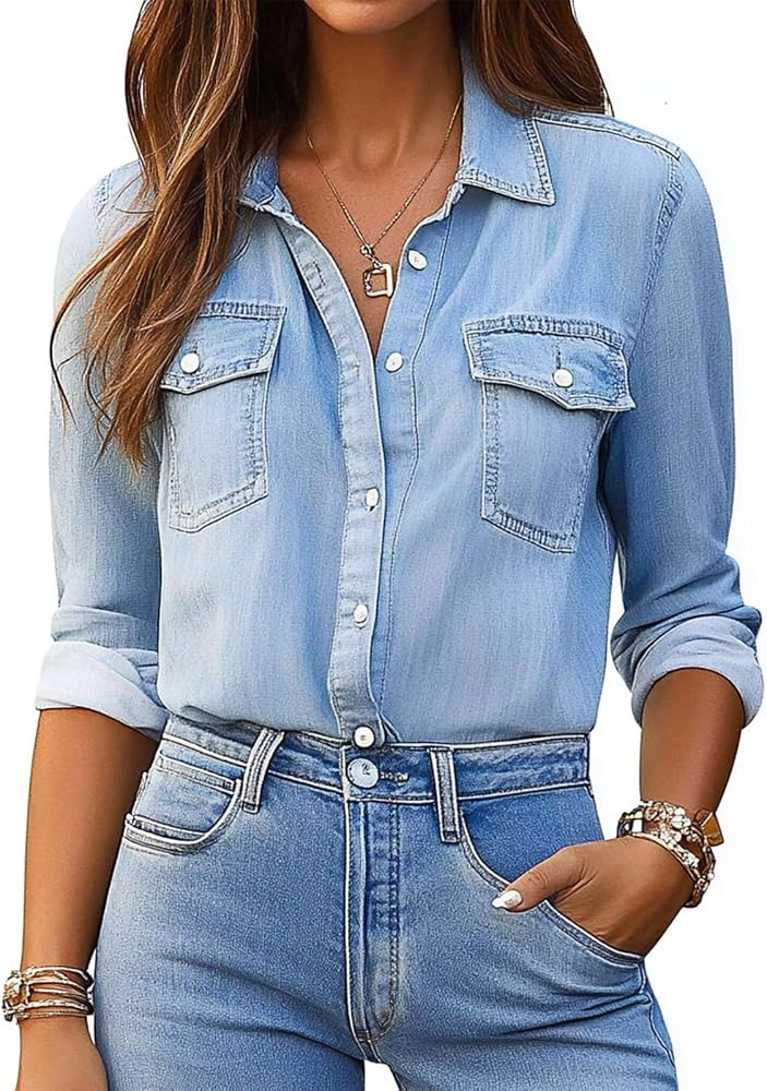 Denim Shirt Women Button Down Long Sleeve Chambray Western Jean Shirts Collared Casual Denim Tops | Amazon (US)
