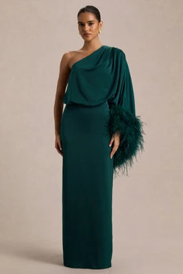 Felicity | Teal Satin Asymmetric-Neck Maxi Dress With Feather Detailing | Club L London