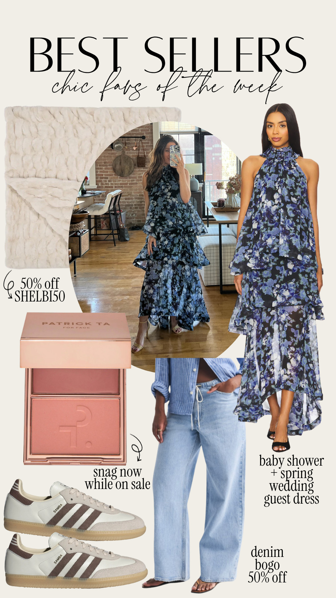 Best sellers of the week! Use my code SHELBI50 for 50% off lola blankets sitewide, last day for Sephora sale to get my fav blush up to 20% off. Also last day for BOGO 50% off site-wide at Abercrombie, these drawstring denim carried me through pregnancy and now PP (I had sized up 2 for the bump). Baby shower dress and the best neutral sneakers that go with everything 

 #LTKSaleAlert #LTKBeauty #LTKBump