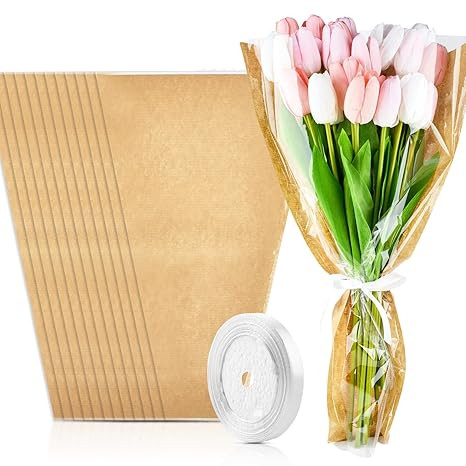 CLUEWR 50 PCS Flower Bags for Bouquets, Floral Wrapping Paper with Ribbons Florist Wrap Supplies,... | Amazon (US)