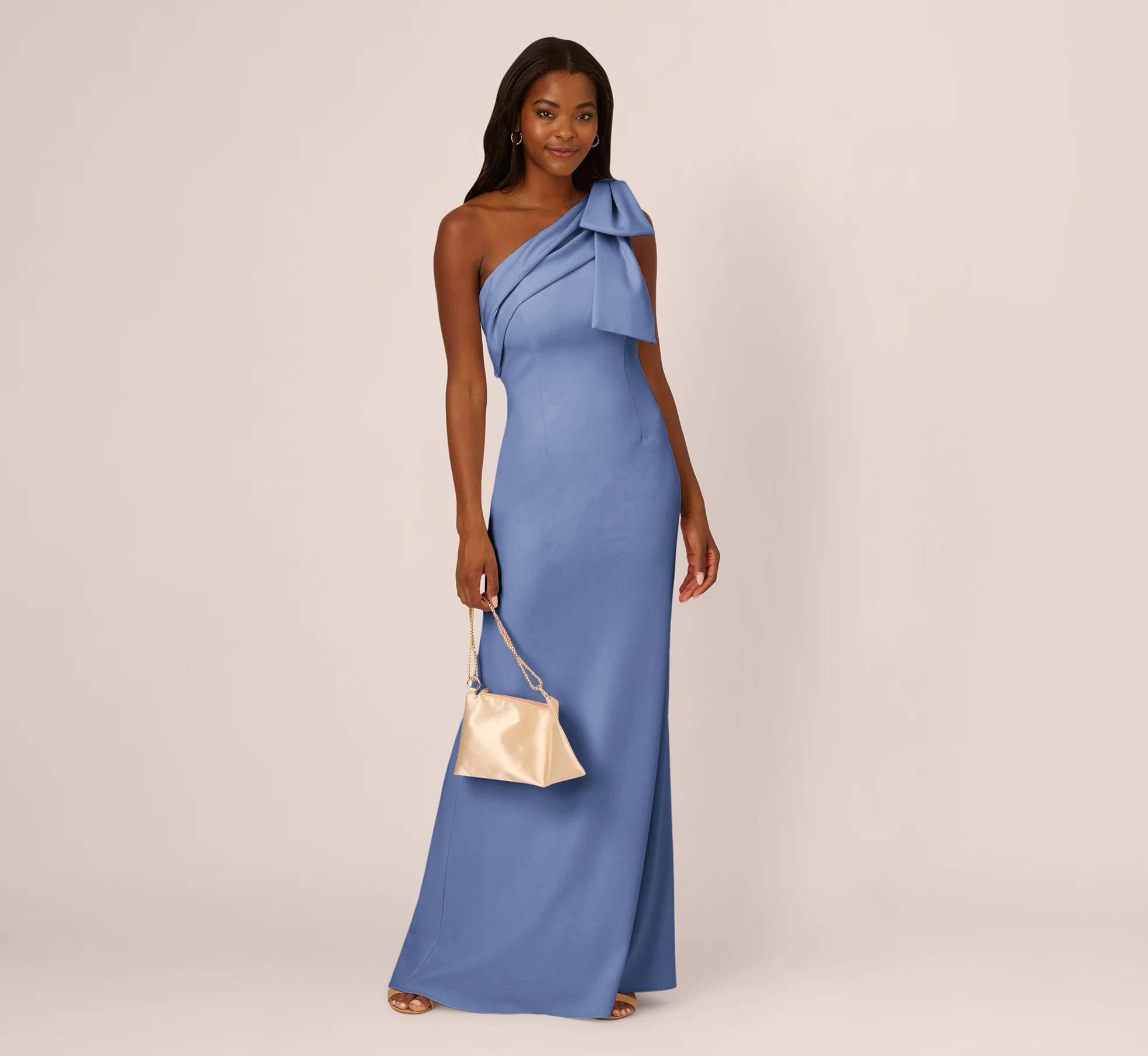 Stretch Crepe One Shoulder Mermaid Gown With Bow Accent In French Blue | Adrianna Papell