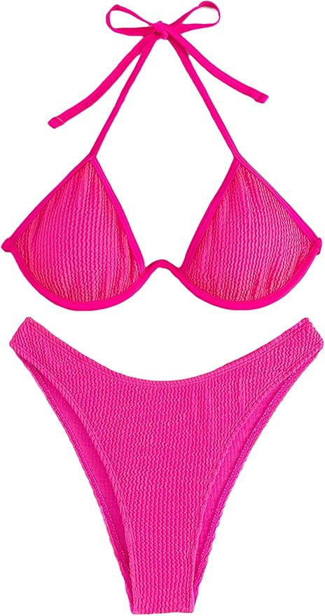 SheIn Women's 2 Pieces Textured Solid Swimsuit Halter String Push Up Triangle Bikini Top and Ribb... | Amazon (US)