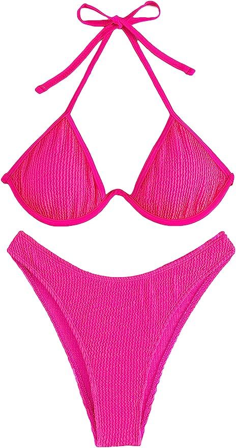 SheIn Women's 2 Pieces Textured Solid Swimsuit Halter String Push Up Triangle Bikini Top and Ribb... | Amazon (US)