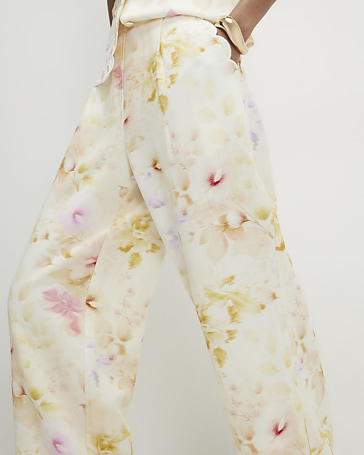 Cream Floral Scallop Trim Wide Leg Trousers | River Island UK & IE