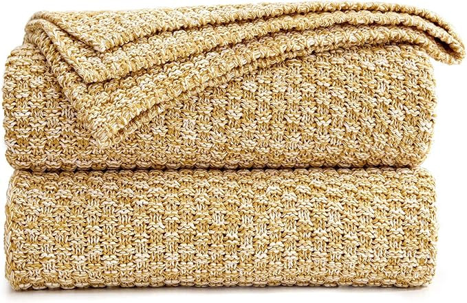 Longhui bedding Gold Knitted Throw Blanket for Couch, Soft, Cozy Machine Washable 100% Cotton Sof... | Amazon (US)