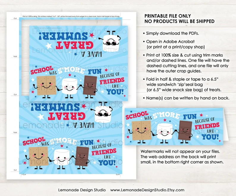 PRINTABLE End Year Gift Tags, Smores Tags, S'mores Favor Tags, Summer Party Favors, End of Year S... | Etsy (US)