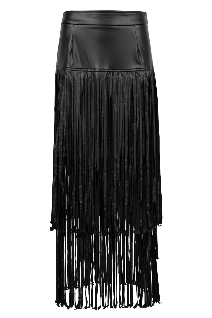 Adore Vegan Leather Long Fringe Western Skirt | Pinto Ranch | Pinto Ranch
