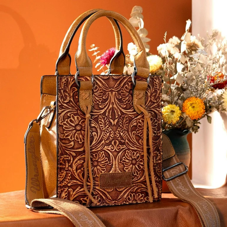Wrangler Embossed Crossbody Bag for Women Top Handle Fringe Handbags and Western Mini Tote, Light... | Walmart (US)