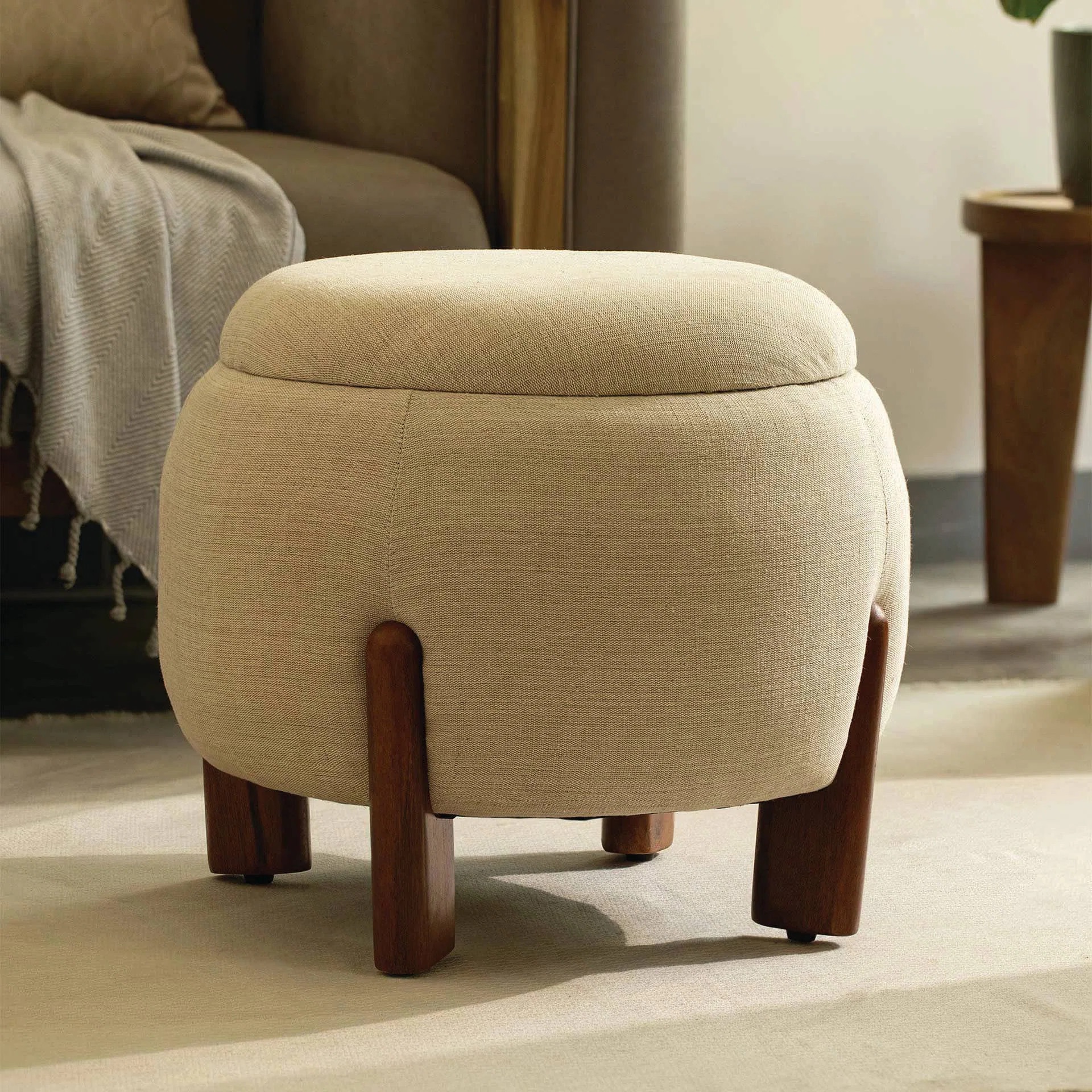 Ottoman | Upholstered Round Ottoman | 19.6X19.6X16.9" | Off White Fabric with Mango Wood Legs | Wayfair North America