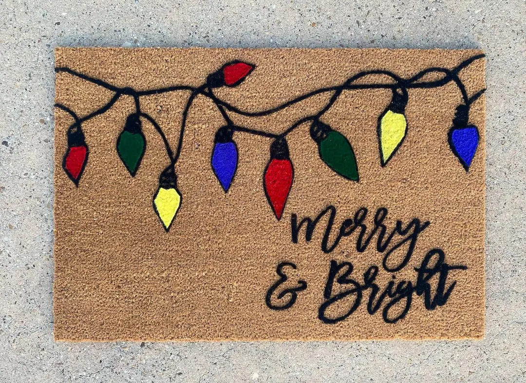 Merry & Bright Colored Christmas Lights Doormat, Holiday Decor Door Mat, Flocked Coir Welcome Mat... | Etsy (US)