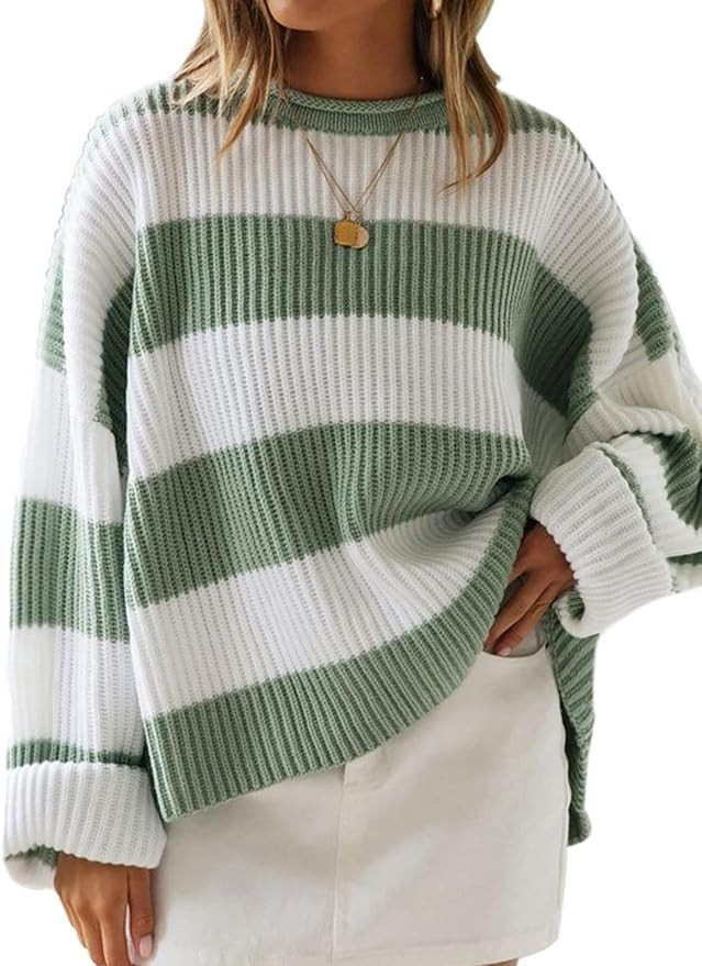 ZESICA Women's 2024 Fall Long Sleeve Crew Neck Striped Color Block Comfy Loose Oversized Knitted ... | Amazon (US)