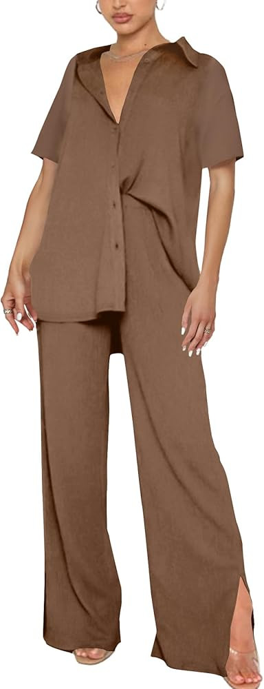 LYANER Women's 2 Piece Outfits Button Down Short Sleeve Shirt and Wide Leg Pants Set | Amazon (US)
