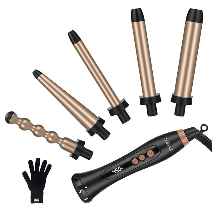 Prizm 5-in-1 Curling Iron Wand Set, LED Display, 11 Temp Settings, 0.6 to 1.25 Inch Interchangeab... | Amazon (US)