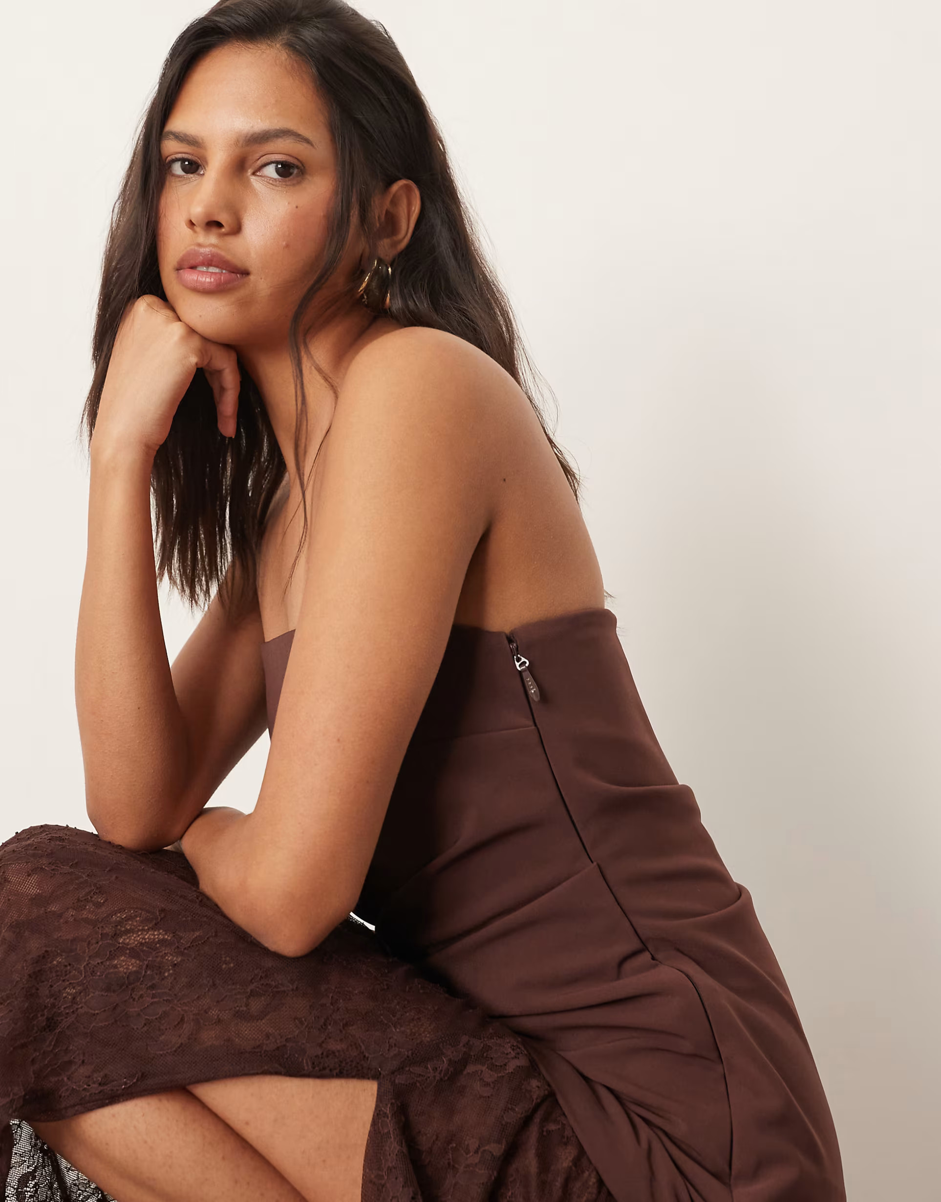 ARRANGE longline asymmetric bandeau maxi dress with lace skirt in chocolate | ASOS (Global)