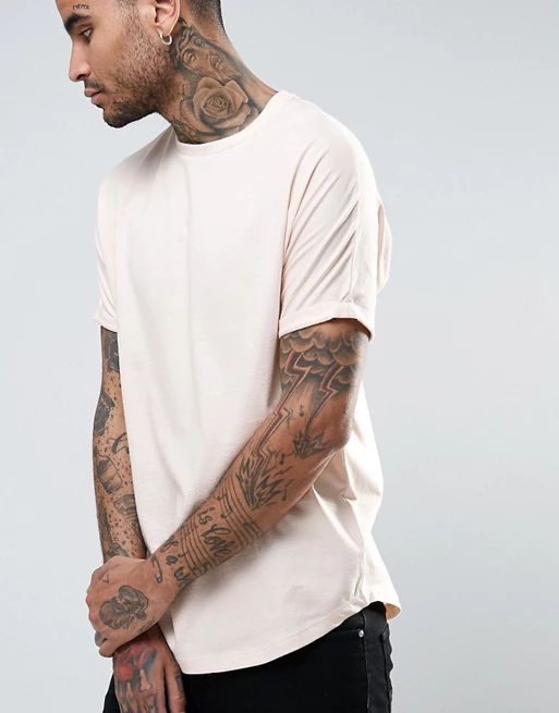 ASOS Longline T-Shirt In Pink With Roll Sleeve And Curved Hem | ASOS US