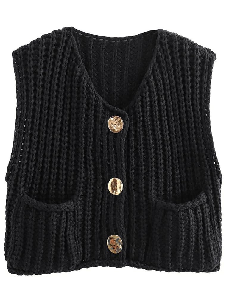 Women's Sleeveless Chunky Knit Top Casual Cropped Button Down Sweater Vest Open Front Cardigan wi... | Amazon (US)