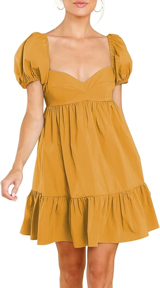 BELONGSCI Women's Summer Cute Dress Sweetheart Neckline Puff Sleeve Ruffle A-Line Casual Loose Flowy | Amazon (US)