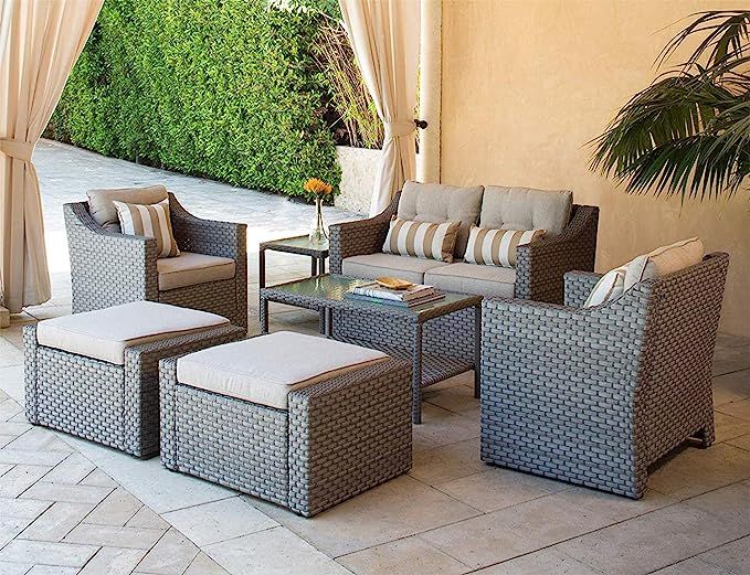 SOLAURA Outdoor Furniture Set 7-Piece Wicker Conversation Furniture Lounge Chairs with Ottoman & ... | Amazon (US)