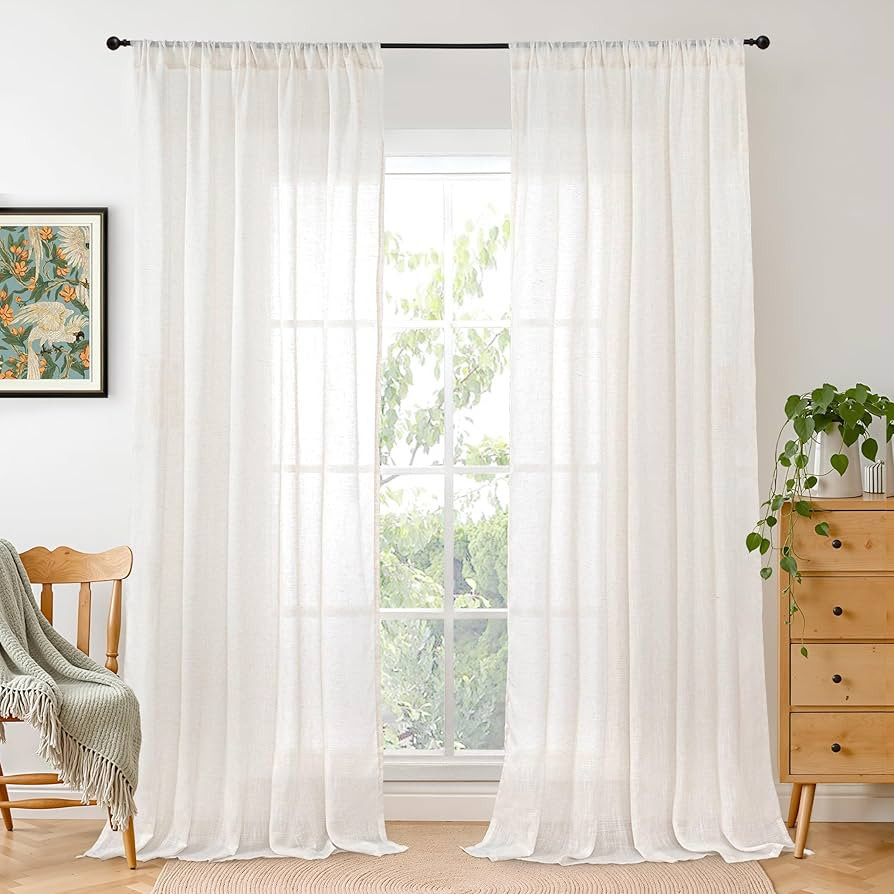 BGment Linen Semi Sheer Curtains 84 Inches Long 2 Panels Set for Living Room - Ivory Light Filter... | Amazon (US)