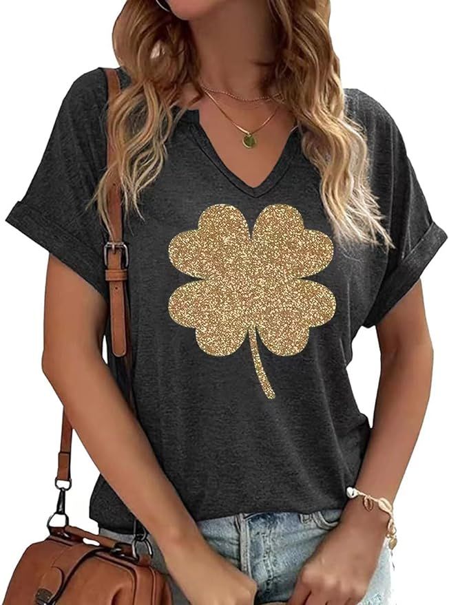 TIXOM St Patrick's Day V Neck Shirts for Womens Irish Shamrock Graphic Tee Funny Lucky Heart Prin... | Amazon (US)